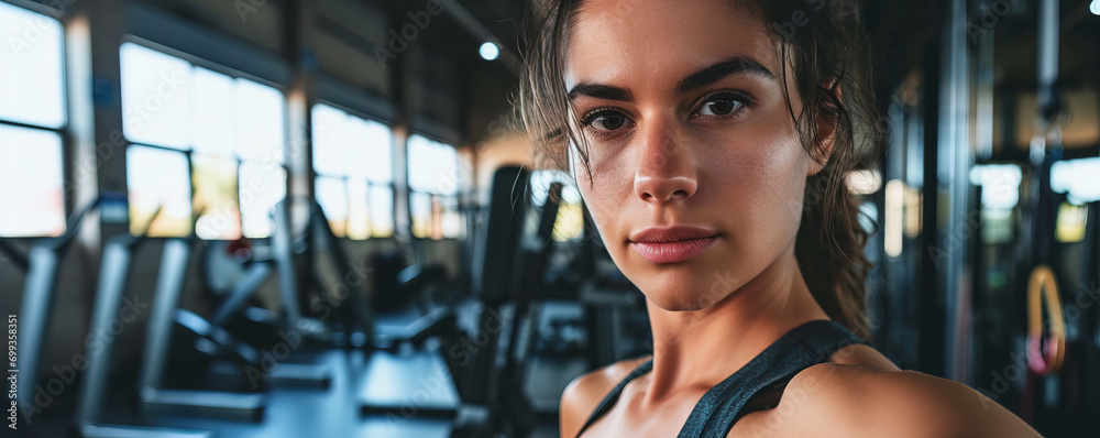 Fototapeta premium Confident young woman with a determined expression standing in a gym, ready for a workout session.