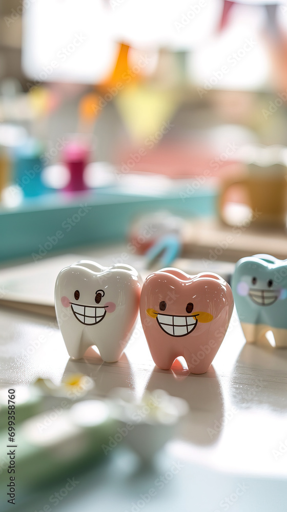 Fototapeta premium Colorful teeth models with braces smiling on a vibrant background, representing fun dental care and oral hygiene.