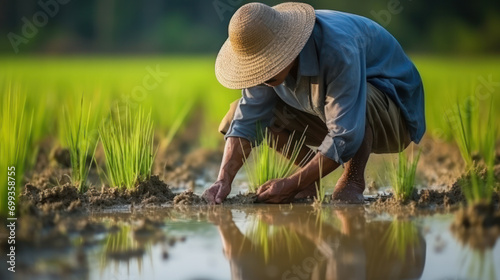 Thai farmer planting rice in the rice paddy field, farmer planting paddy tree, working in the farming season, country life © PaulShlykov