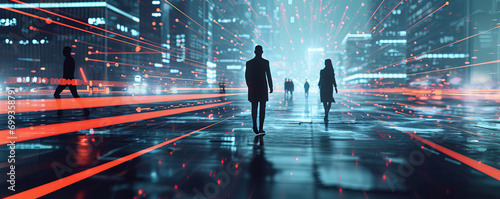 people interacting with futuristic cyber landscape overlays on a cityscape.