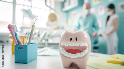 Close-up of a smiling tooth model in a dental clinic with dentist and assistant in the background.