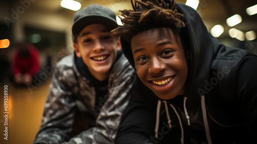 Close-up - smiling and confident street teens - hoodie - casual clothes. - happy - cutting up and having fun. 