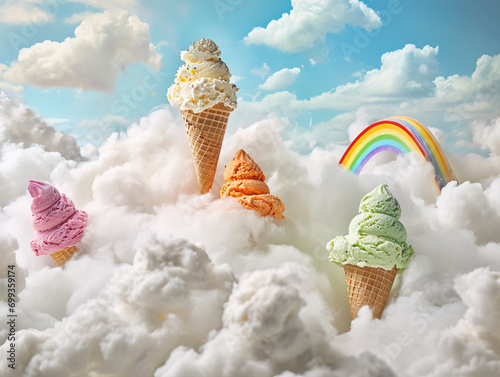 Whimsical image of assorted pastel-colored ice creams with sprinkles, floating on clouds against a sunny sky with rainbows.