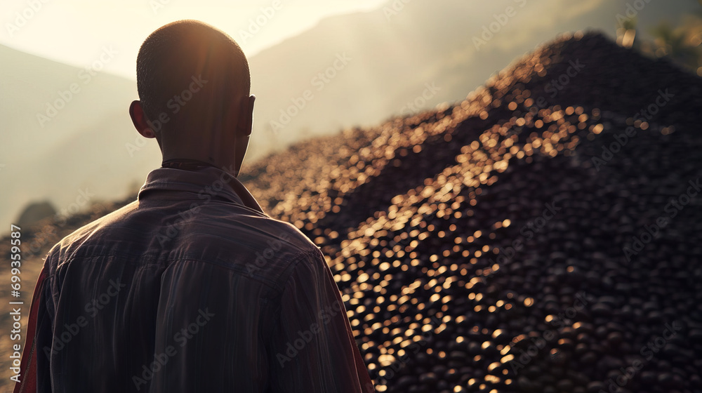 Person gazing at a large pile of coffee beans, with sunlight streaming Person gazing at a large pile of coffee beans, with sunlight streaming