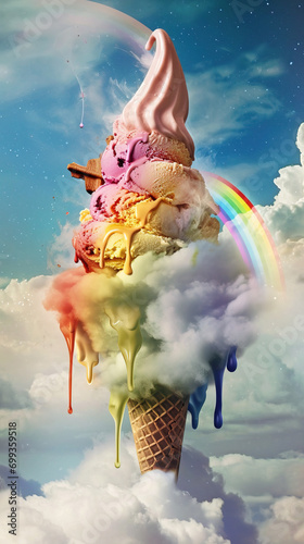 A towering scoop of multicolored ice cream melting into clouds against a vibrant sky with a whimsical rainbow.