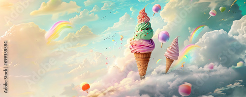 Whimsical image of assorted pastel-colored ice creams with sprinkles, floating on clouds against a sunny sky with rainbows.