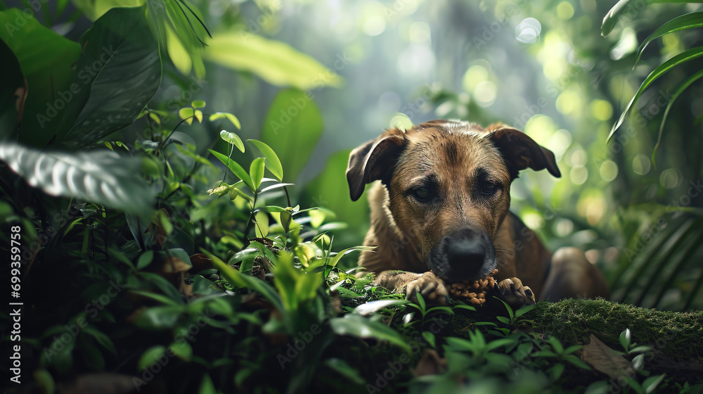 A domestic dog is intently eating pet food on a forest floor, bathed in golden sunlight with a serene bokeh background. A domestic dog is intently eating pet food on a forest floor, bathed in golden sunlight with a serene bokeh background.