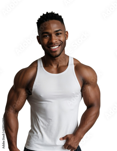 Black fitness man smiling and looking at the camera, isolated, transparent background, no background. PNG.
