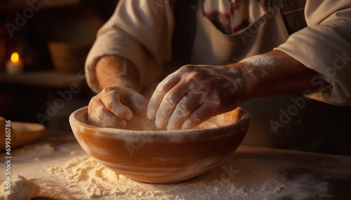 Potter hands shape clay, creating homemade earthenware bowls with expertise generated by AI