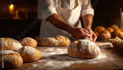 A baker hand kneading fresh dough for homemade bread generated by AI