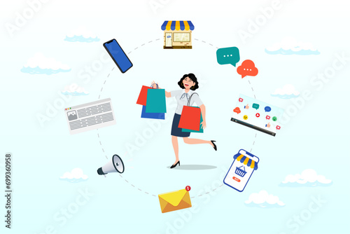 Young woman customer with shopping bags buying from multi channel store, website, mobile and other chat and call center, omni channel marketing, multi channel for customer to buy products (Vector)