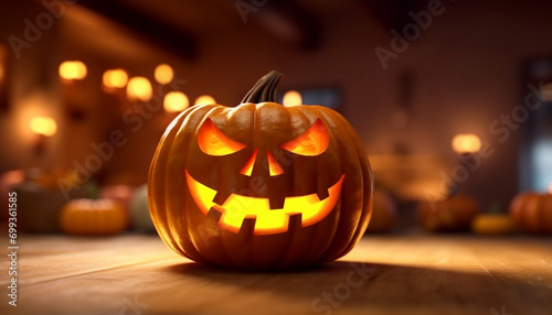 Spooky Halloween night, glowing pumpkin lanterns illuminate the autumn season generated by AI