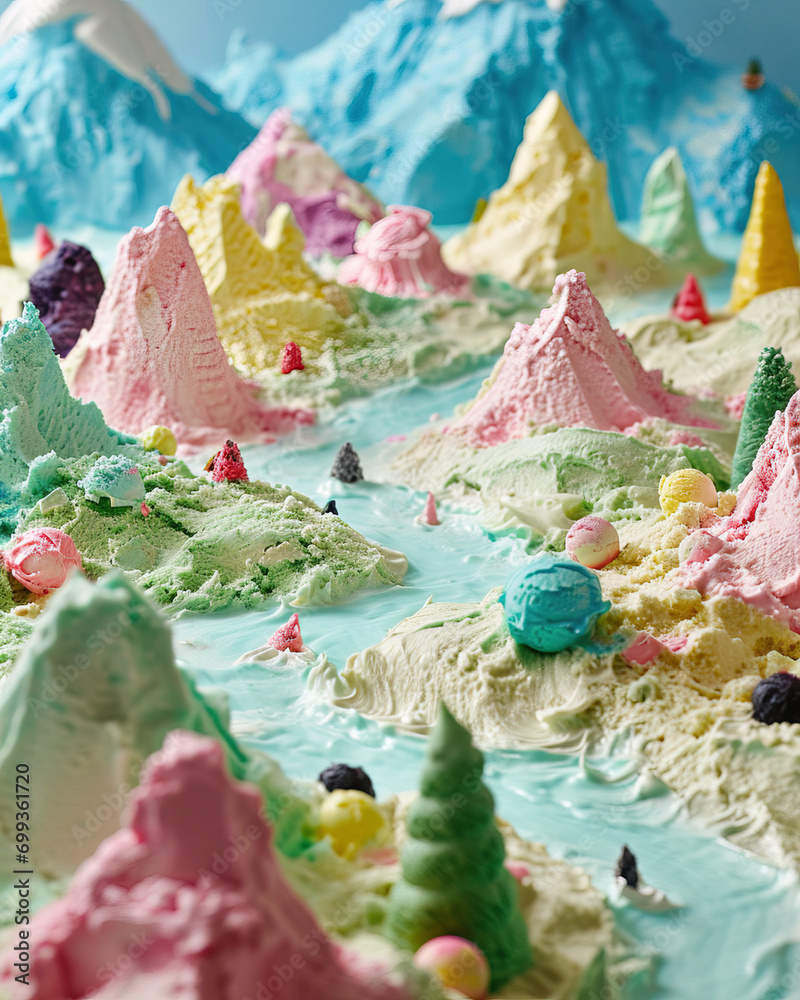 Fototapeta premium Close-up of a colorful, melted ice cream landscape with textured peaks and valleys.