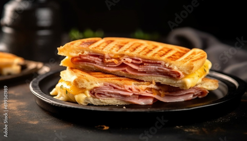 Freshness and gourmet in a close up of a grilled sandwich generated by AI