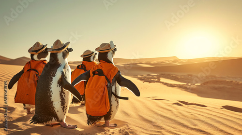 Penguins dressed as tourists in a desert.