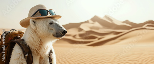 Polar bear dressed as tourist travels at the Sahara desert.