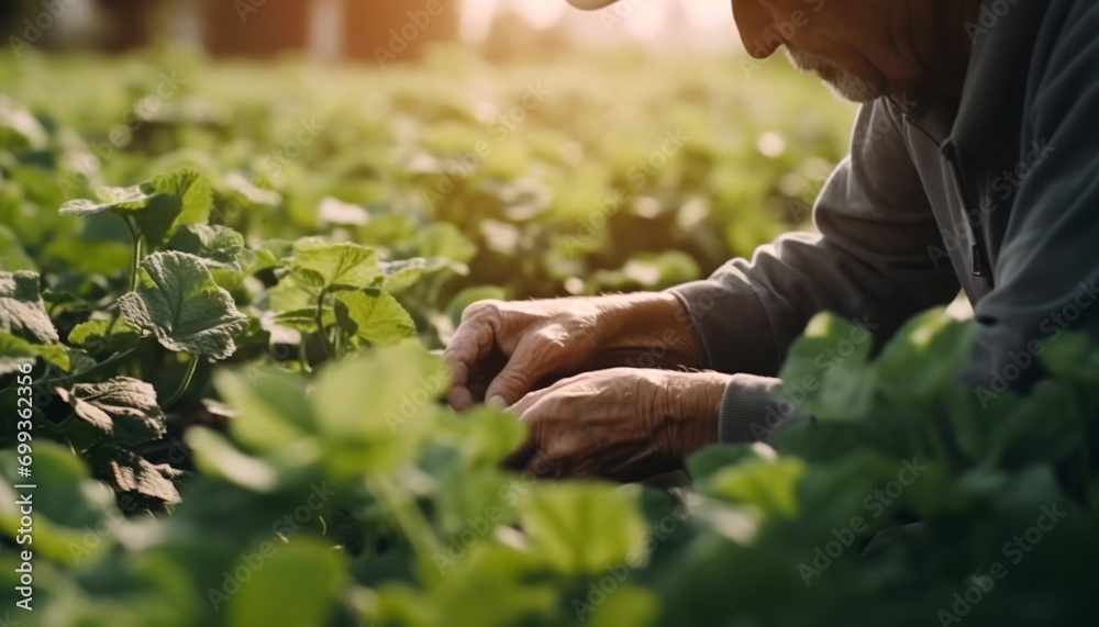 A man planting a leaf in a green vegetable garden generated by AI