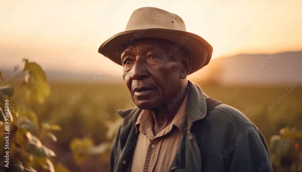 A smiling senior farmer in casual clothing enjoying the sunset generated by AI