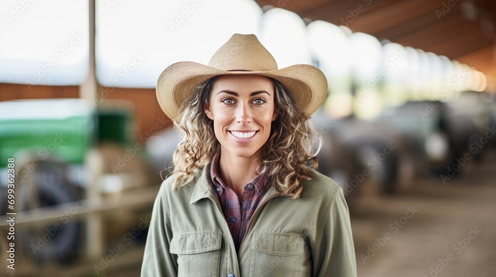 female farm owner looks at the camera at Farmland