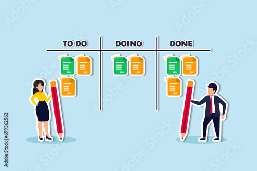 Review work progress on kanban board, todo list, in progress task and finished one, project management or planning for production concept, business people review project progress on kanban board.