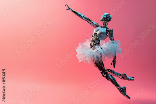 A robotic ballerina with mechanical joints strikes an elegant ballet pose against a pink background, blending art and technology.