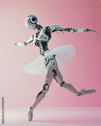 A robotic ballerina with mechanical joints strikes an elegant ballet pose against a pink background, blending art and technology.