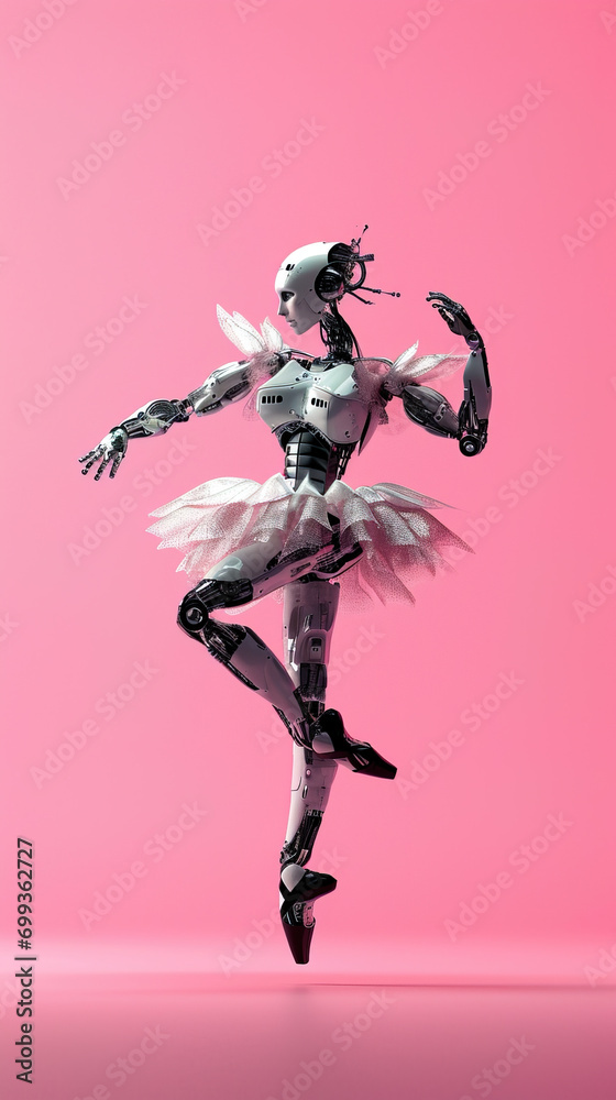 A robotic ballerina with mechanical joints strikes an elegant ballet pose against a pink background, blending art and technology. A robotic ballerina with mechanical joints strikes an elegant ballet pose against a pink background, blending art and technology.