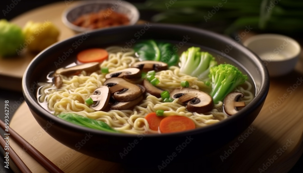 Fresh, healthy vegetable soup with mushrooms, noodles, and chopsticks generated by AI Fresh, healthy vegetable soup with mushrooms, noodles, and chopsticks generated by AI
