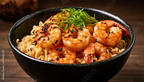Fresh seafood meal in a gourmet bowl, prawn plate, close up lunch generated by AI