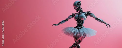 A robotic ballerina with mechanical joints strikes an elegant ballet pose against a pink background, blending art and technology.