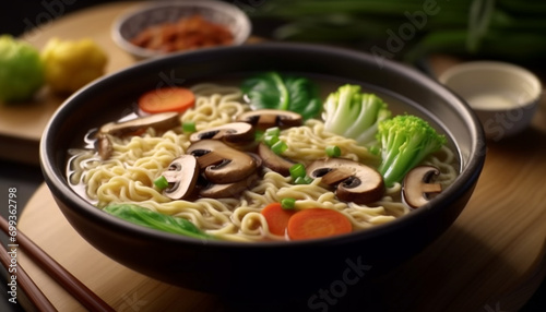 Fresh, healthy vegetable soup with mushrooms, noodles, and chopsticks generated by AI