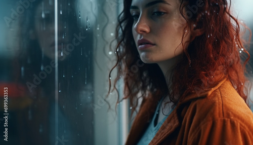 Young woman looking out window, raindrop on glass, feeling lonely generated by AI