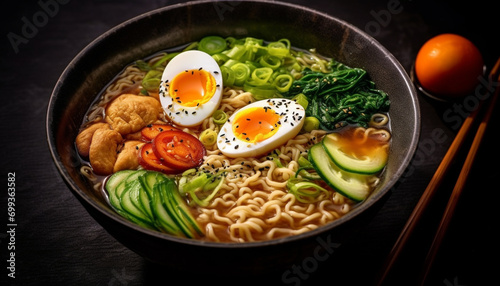 Healthy eating vegetarian ramen soup with fresh vegetables generated by AI