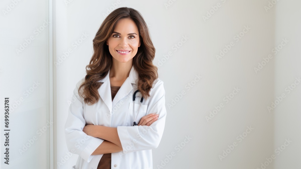 smiling female doctor standing with arms crossed isolated on white background smiling female doctor standing with arms crossed isolated on white background