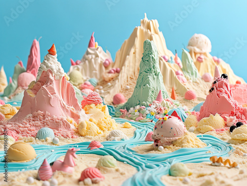 Colorful and surreal landscape composed of ice cream mountains with candy decorations and fluffy clouds.