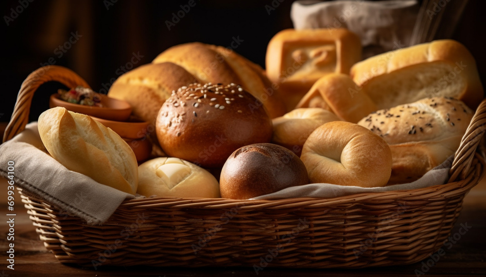 Freshly baked bread, a gourmet meal on a rustic wooden table generated by AI