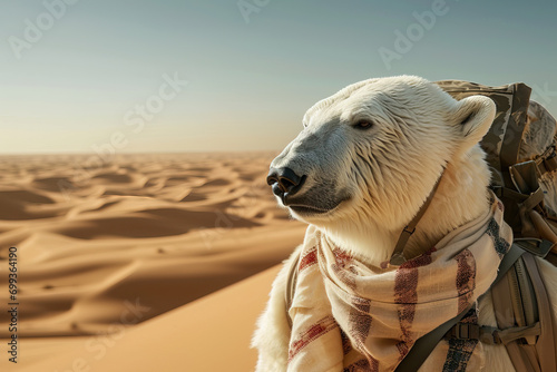 Polar bear dressed as tourist travels at the Sahara desert.
