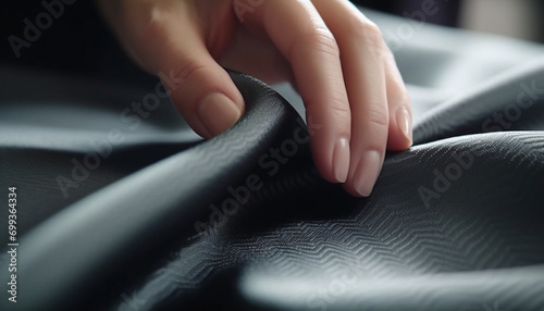 A woman hand holding a smooth  blue silk textile close up generated by AI