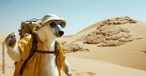 Polar bear dressed as tourist travels at the Sahara desert.