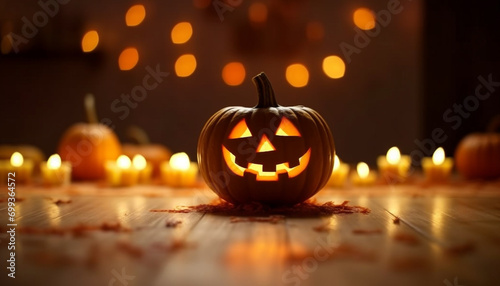 Glowing pumpkin lantern lights up spooky Halloween night in autumn generated by AI