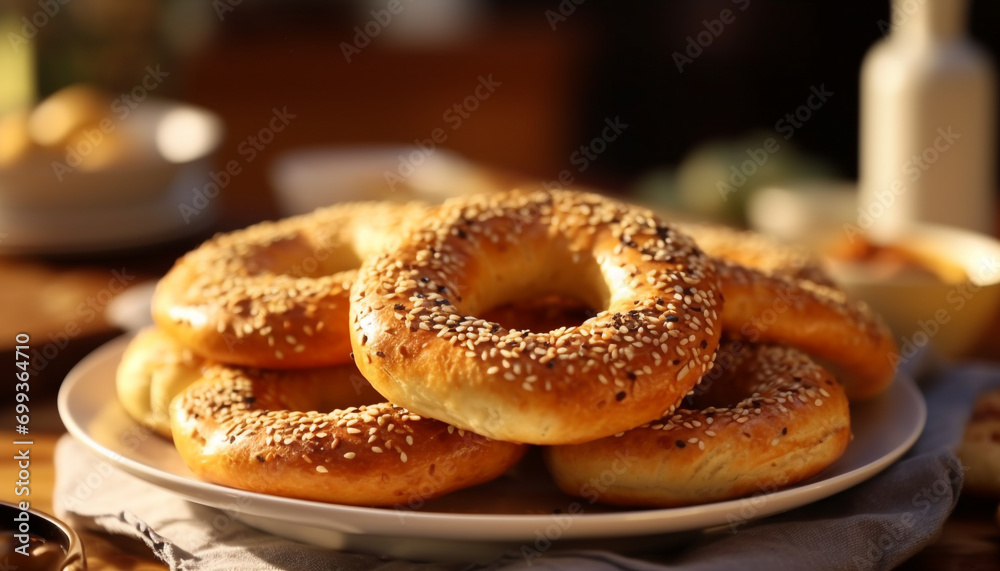 Freshly baked bagel on a rustic table, ready to eat healthy snack generated by AI