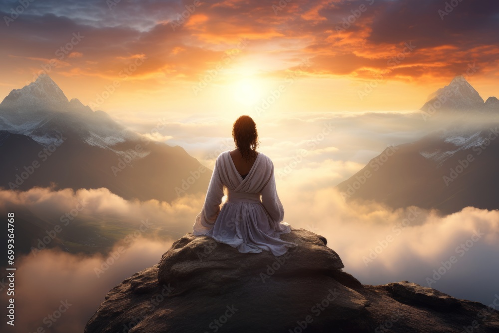 A Woman sitting in Meditation on the top of a Mountain during Sunrise - representing her Devotion, Commitment to her Mental Health, Mindfulness, Compassion and Love 