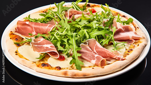 Pizza with ham, olive and arugula, rucola, and vegetables on dark background. AI Generative