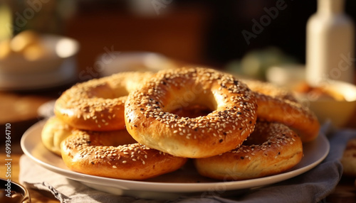 Freshly baked bagel on a rustic table  ready to eat healthy snack generated by AI