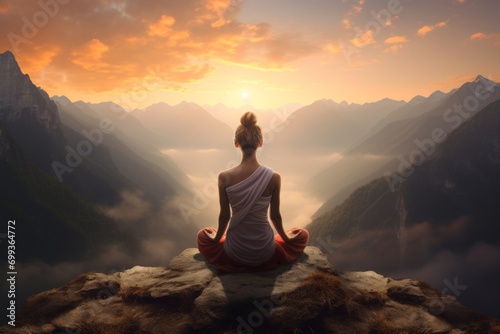 A Woman sitting in Meditation on the top of a Mountain during Sunrise - representing her Devotion, Commitment to her Mental Health, Mindfulness, Compassion and Love 