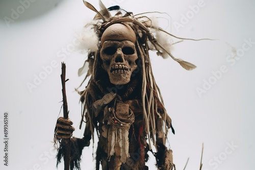 A detailed voodoo witch doctor totem effigy on white background. Generative AI photo