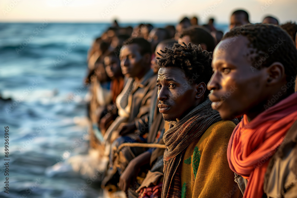 Eyes Toward the Future: Rescued African Immigrants on a Boat at Sea