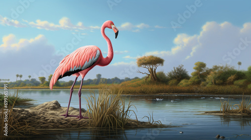 pink flamingo (coast landscape, birds). pink flamingos during a brilliant. AI Generative photo