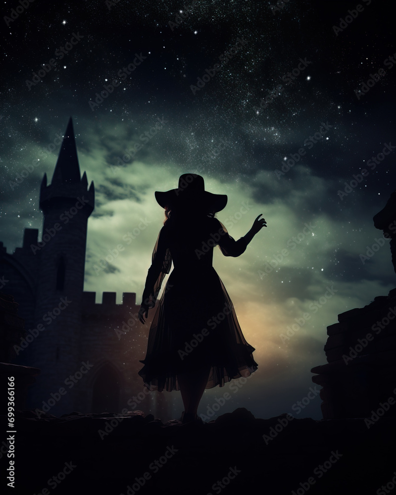 Silhouetted figure in a cloak spreads arms on an ancient bridge leading to a dark castle under a starry night sky.