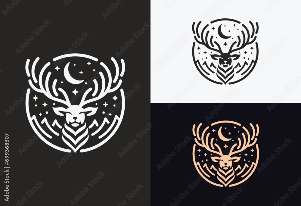 Fototapeta premium Deer logo design illustration and logotype with circles and stars in line style